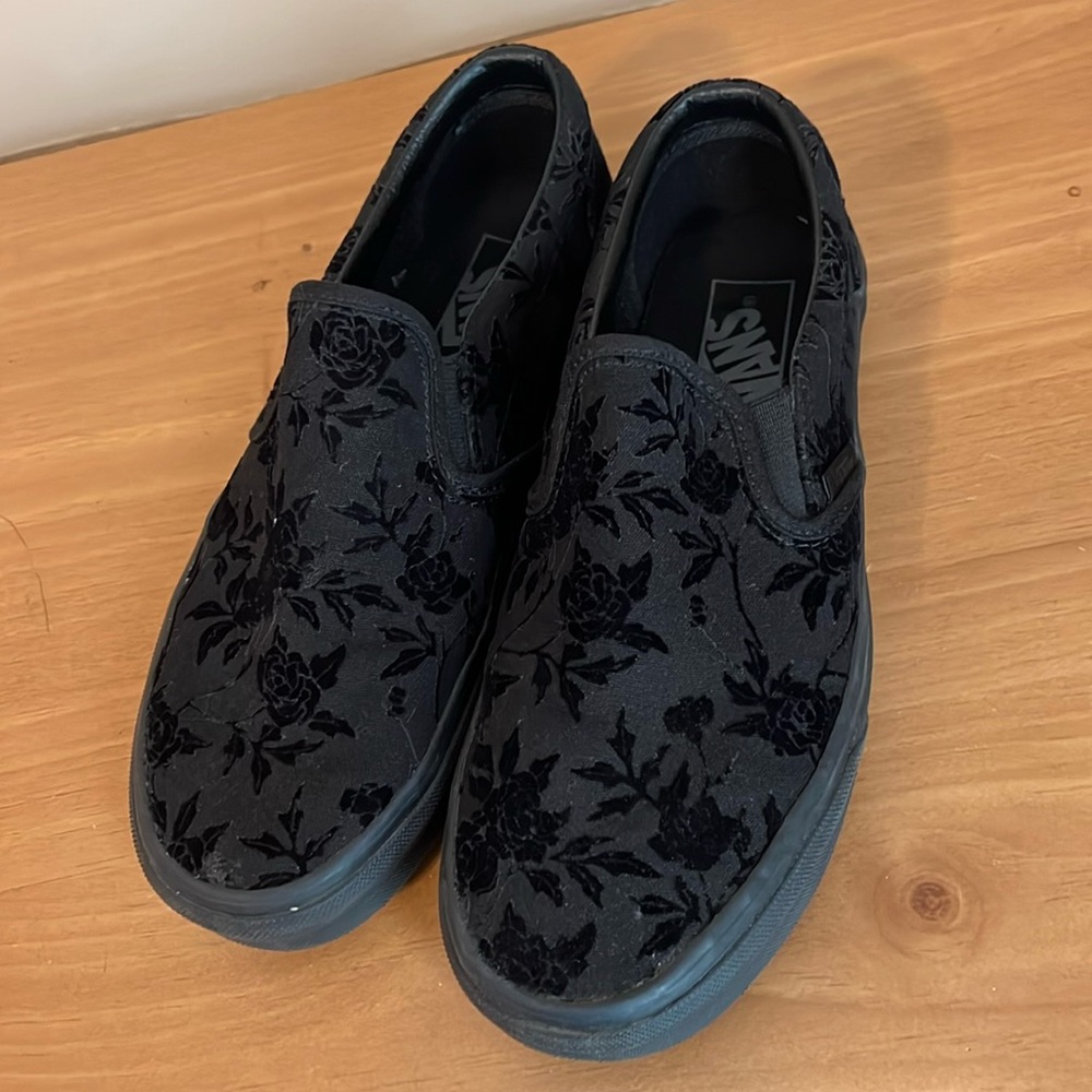 All black Vans with velvet flowers